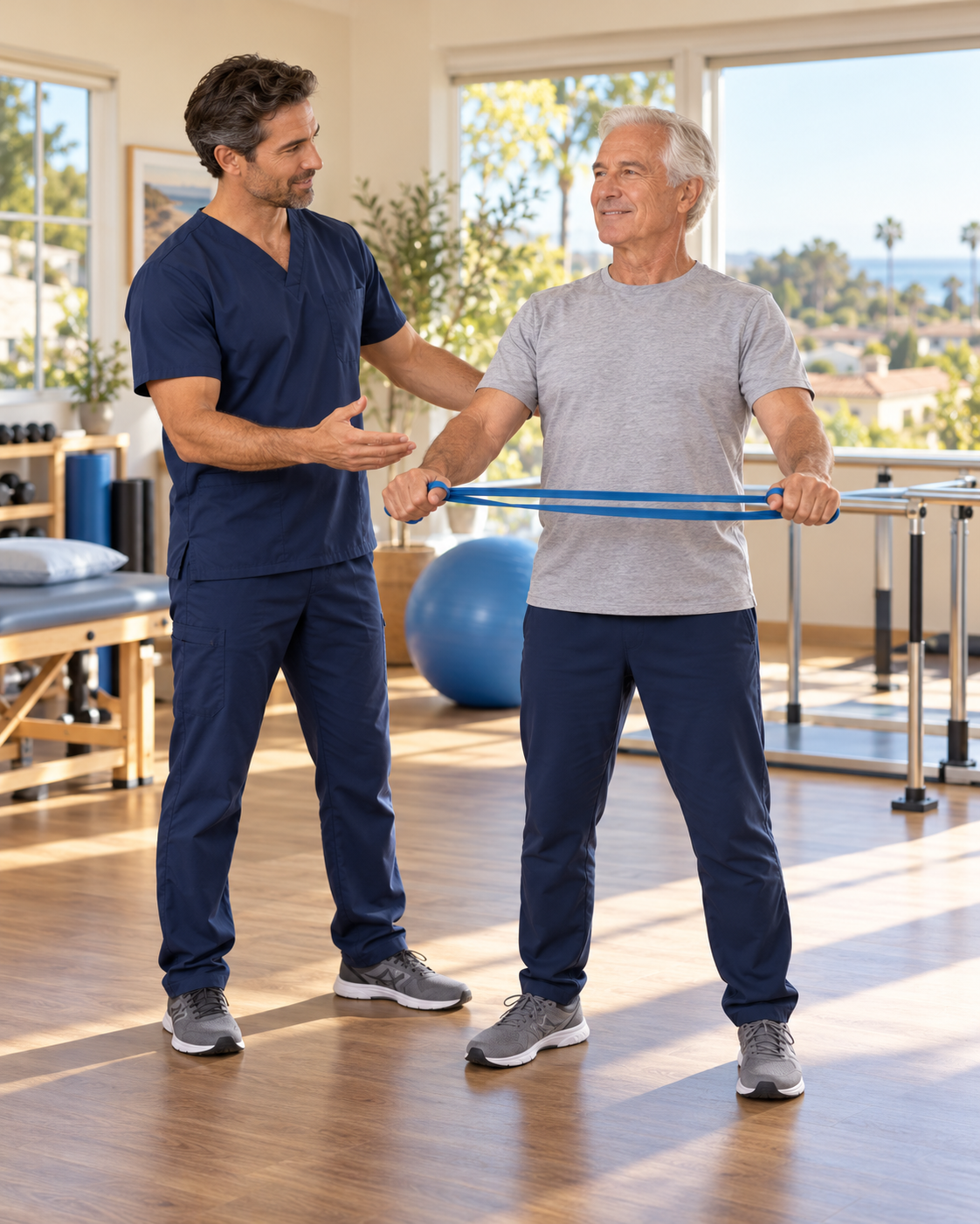 Illustrative therapist guiding a patient through an exercise in a small rehabilitation gym